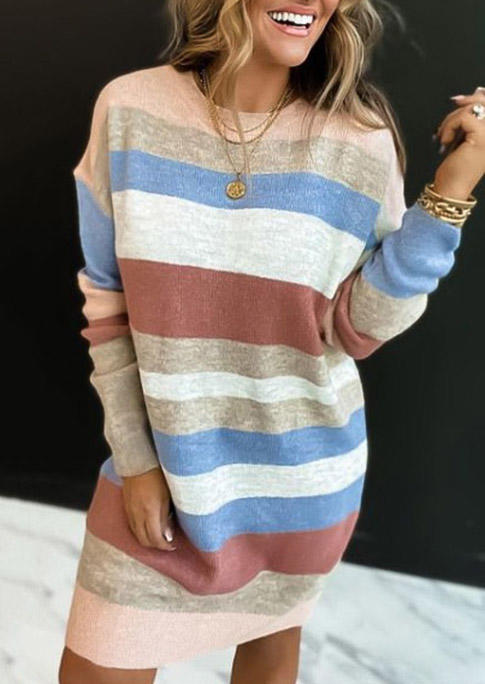 

Color Block O-Neck Sweater Mini Dress, Multicolor, SCM006135