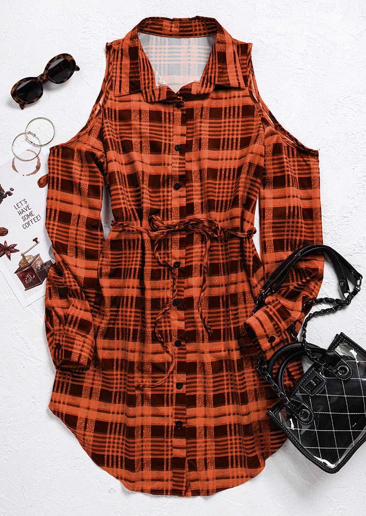 Plaid Button Tie Turn-Down Collar Shirt Mini Dress