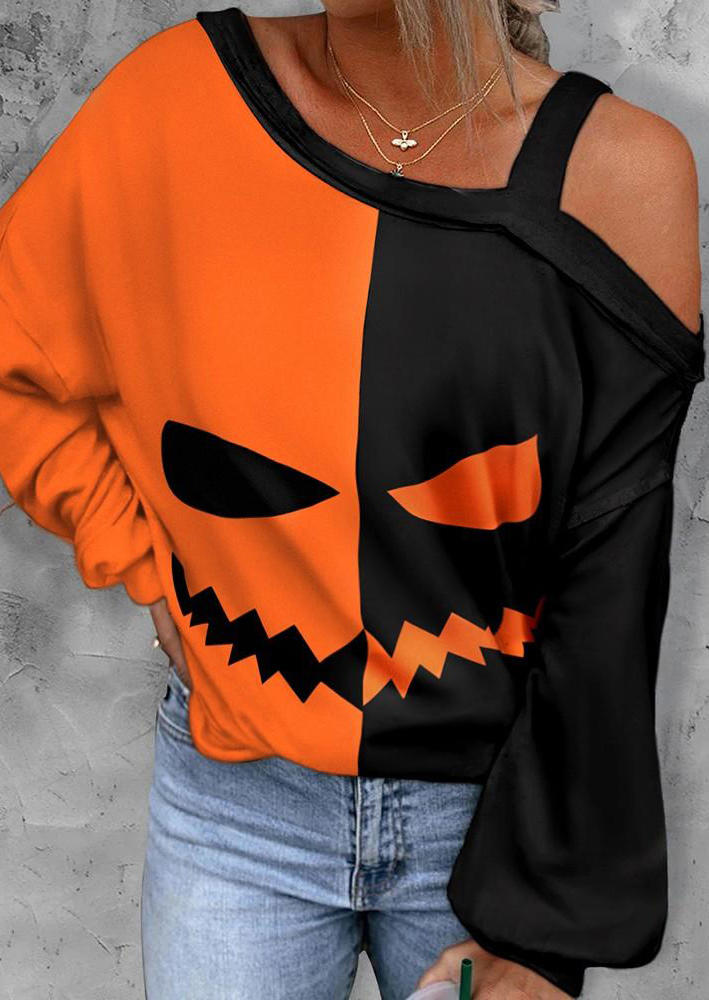 

Halloween Color Block Pumpkin Face One Sided Cold Shoulder Blouse, Multicolor, SCM006167