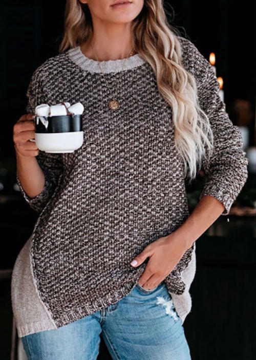 

Color Block Pullover Long Sleeve Sweater - Brown, SCM005544