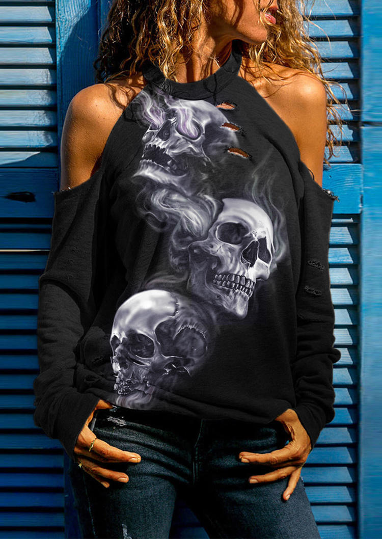 

Halloween Skull Long Sleeve Cold Shoulder Blouse - Black, SCM005547