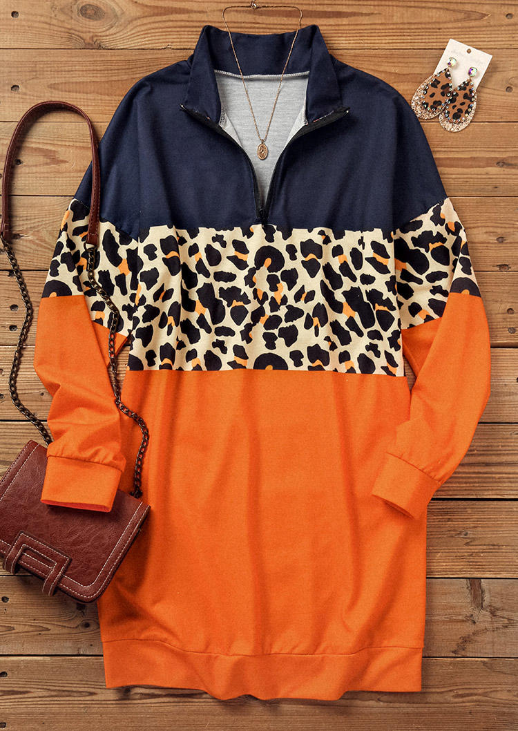 Leopard Color Block Zipper Sweatshirt Mini Dress