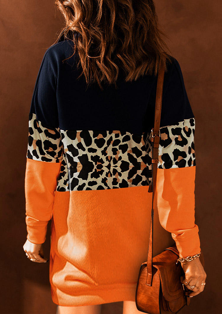 Leopard Color Block Zipper Sweatshirt Mini Dress