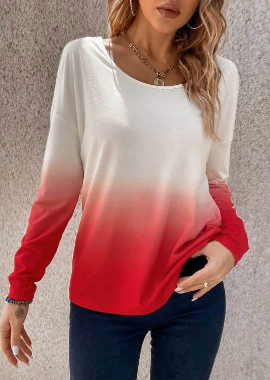 

Gradient Lace Splicing Open Back Blouse - Red, SCM005793
