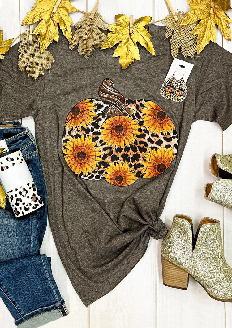 

Pumpkin Leopard Sunflower T-Shirt Tee - Green, SCM005849