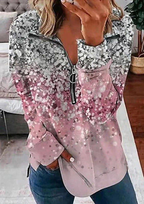 

Gradient Glitter Zipper Collar Sweatshirt, Multicolor, SCM005859