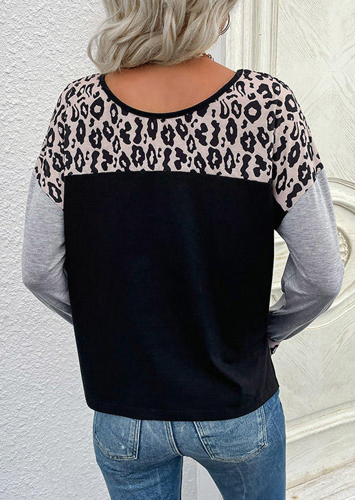 Leopard Color Block Long Sleeve Blouse - Black