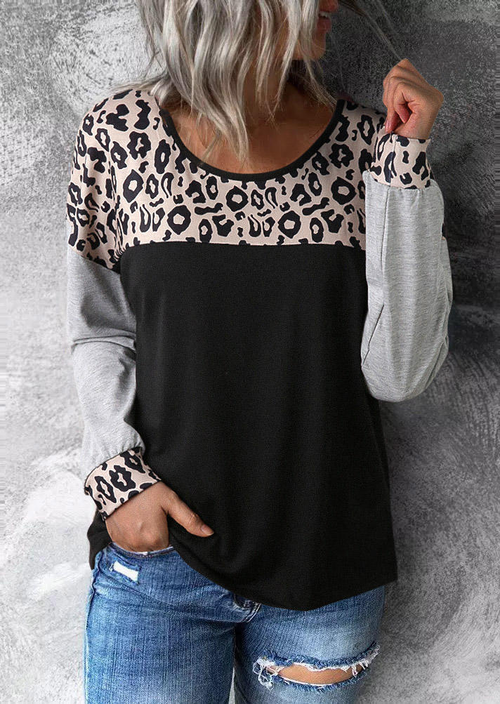 

Leopard Color Block Long Sleeve Blouse - Black, SCM005914