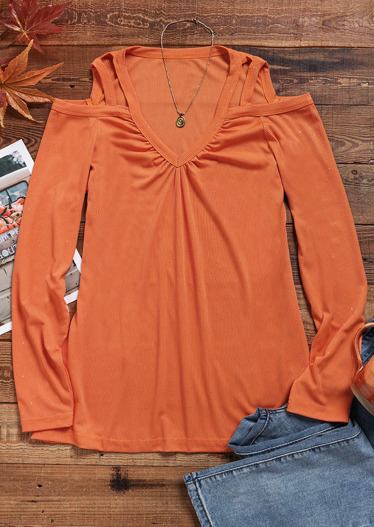 Glitter Hollow Out Long Sleeve Blouse - Orange