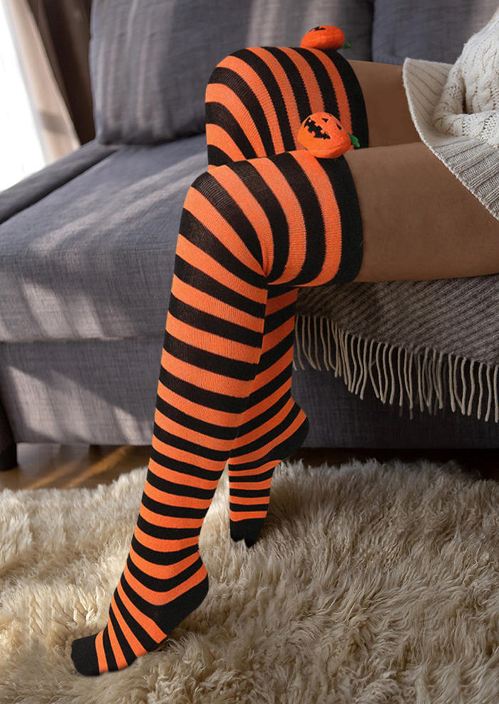 

Halloween Pumpkin Face Striped Over Knee Long Socks, Orange, SCM005957