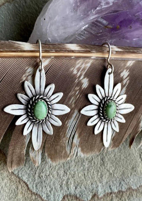 

Ethnic Floral Turquoise Hook Earrings, Silver, SCM006026