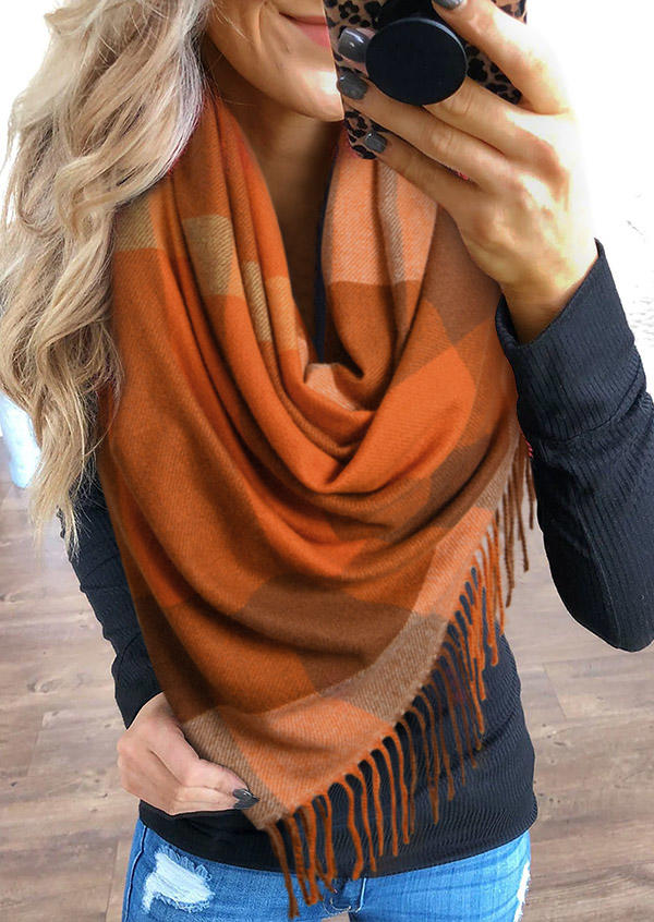 

Plaid Tassel Warm Long Scarf, Orange, SCM006066