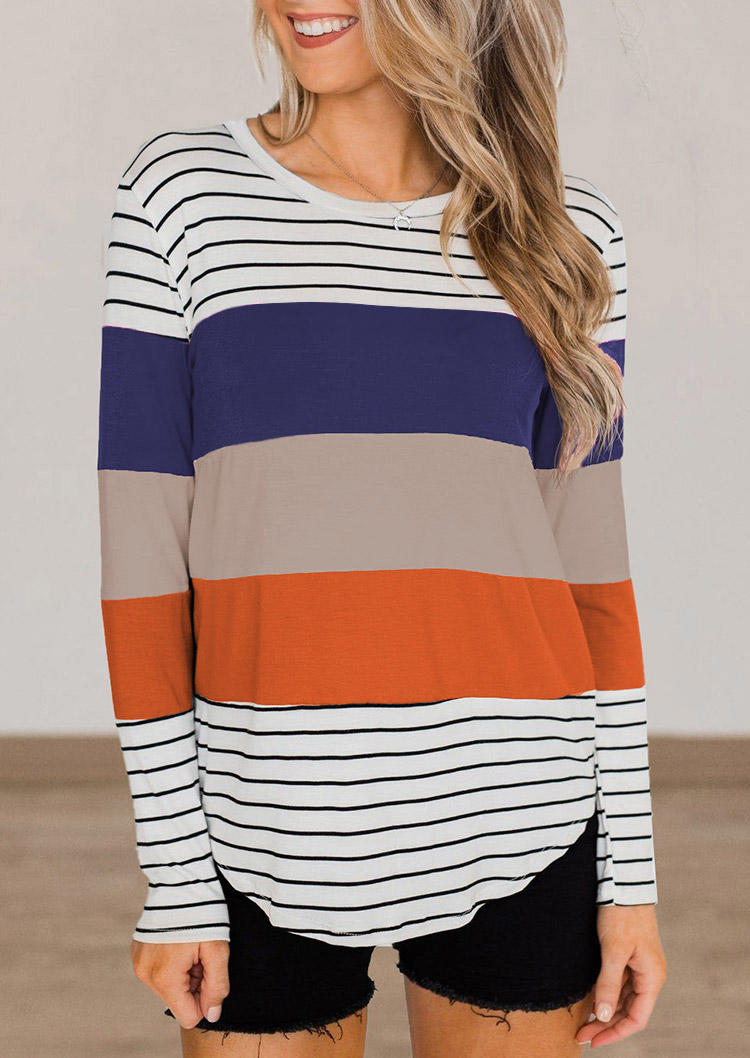 

Striped Color Block Long Sleeve Blouse, Multicolor, SCM006076