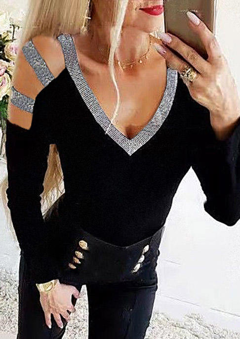 

Glitter Hollow Out V-Neck Blouse - Black, SCM006111