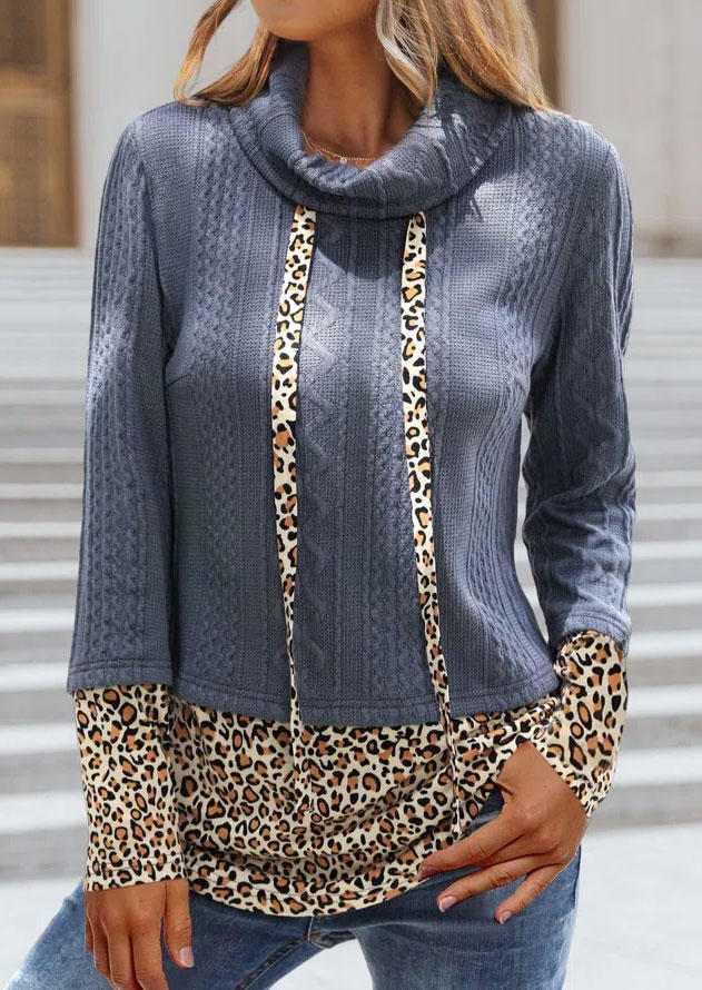 

Leopard Splicing Cowl Neck Drawstring Sweatshirt - Blue, SCM006124