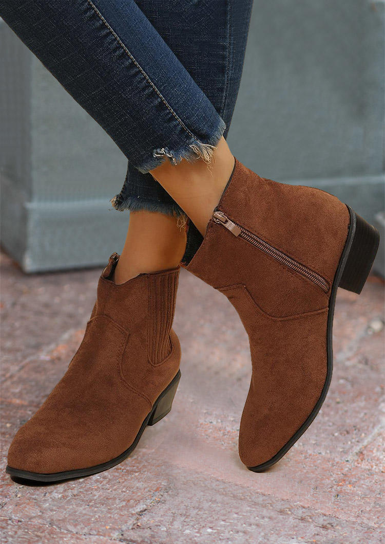 Western Zipper Low-heeled Boots - Brown