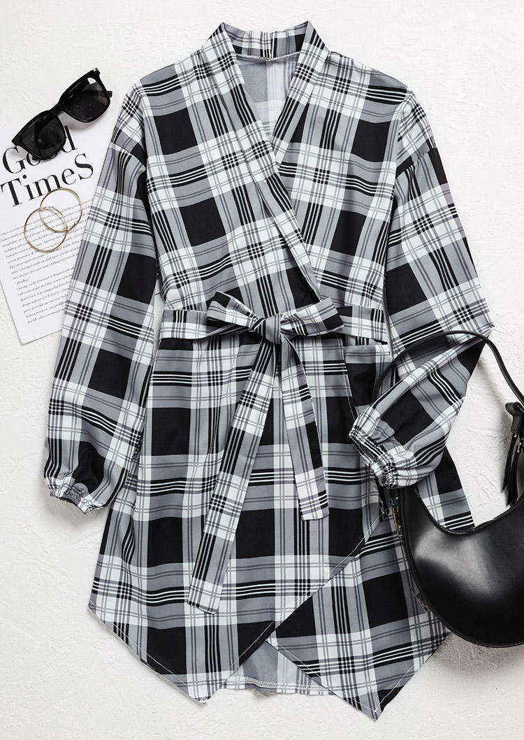 Plaid Tie Wrap V-Neck Shirt Mini Dress