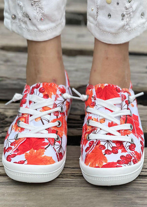 

Maple Leaf Lace Up Flat Round Toe Sneakers - Red, SCM006149