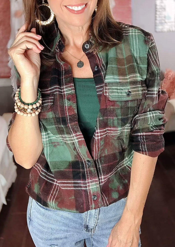 

Plaid Tie Dye Distressed Button Long Sleeve Shirt, Multicolor, SCM006299