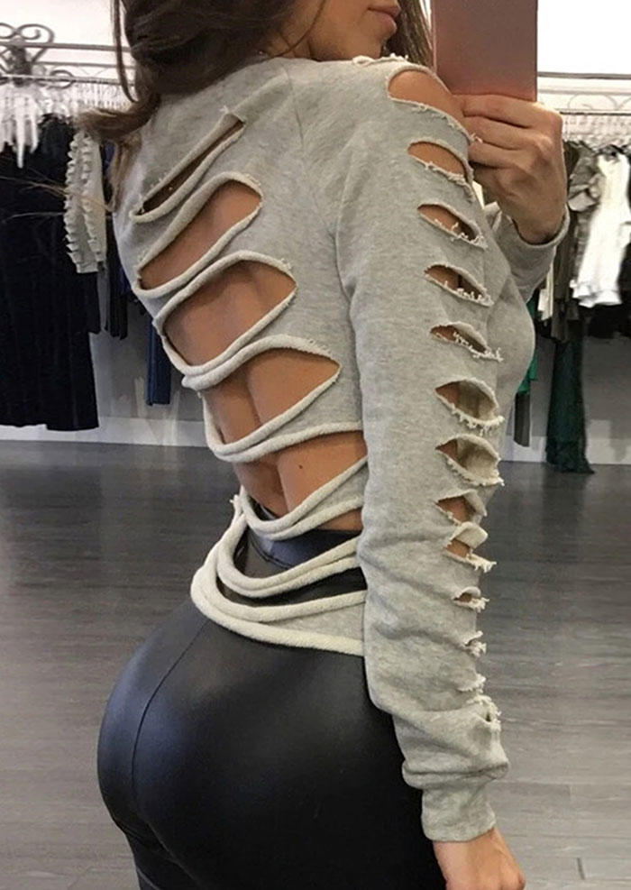 

Cut Out Frayed Open Back Sweatshirt - Gray, SCM006310