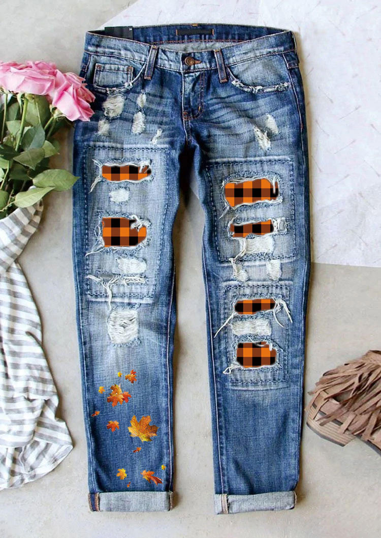 

Plaid Maple Leaf Ripped Denim Pants - Blue, SCM005785