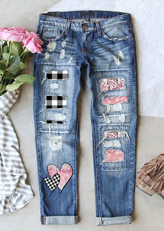 

Glitter Plaid Heart Ripped Denim Pants - Blue, SCM005787