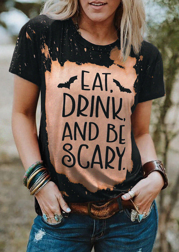 Eat Drink And Be Scary Bleached T-Shirt Tee - Black
