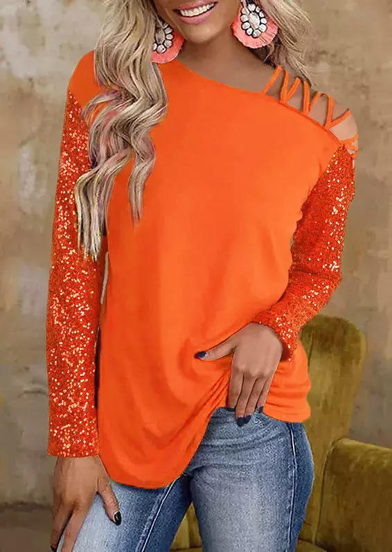 

Glitter Criss-Cross One Sided Cold Shoulder Blouse - Orange, SCM005857