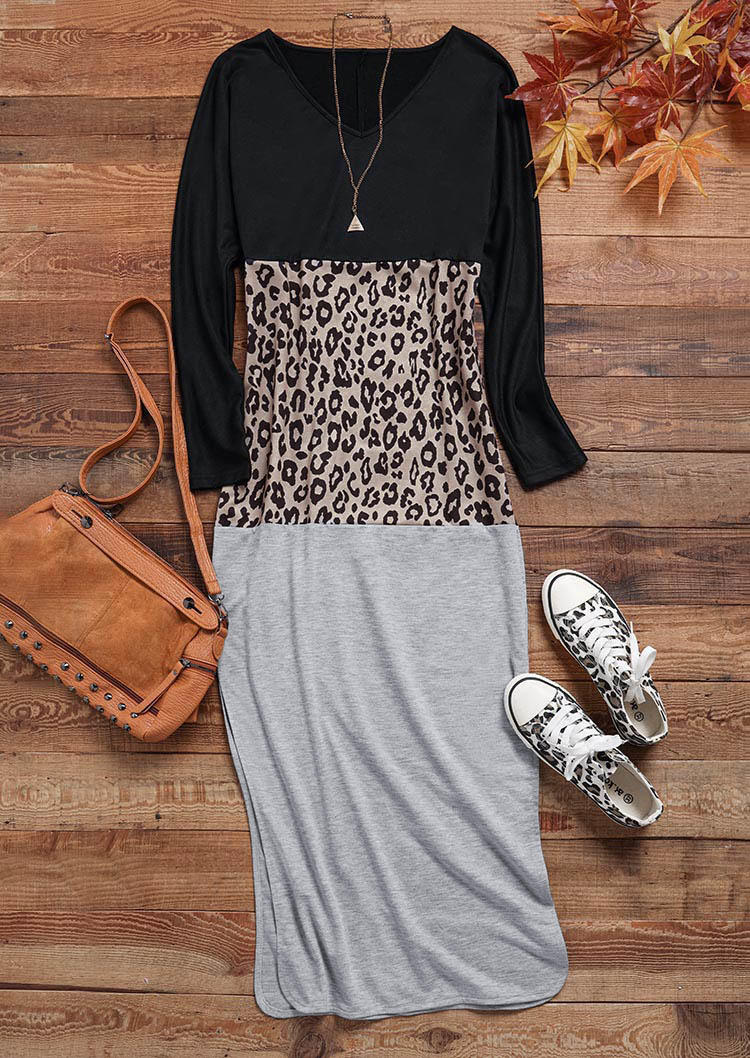 Leopard Color Block Slit Long Sleeve Maxi Dress