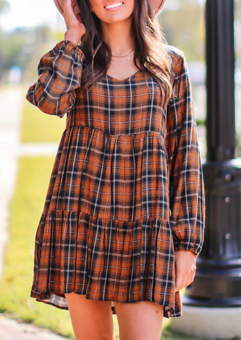 

Plaid Long Sleeve Casual Mini Dress - Orange, SCM005897
