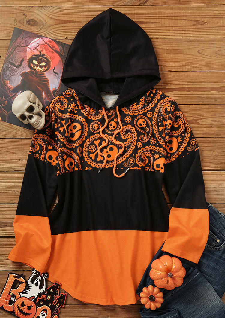Halloween Paisley Color Block Skull Hoodie - Orange