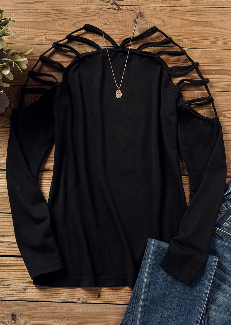 Hollow Out Long Sleeve Casual Blouse - Black
