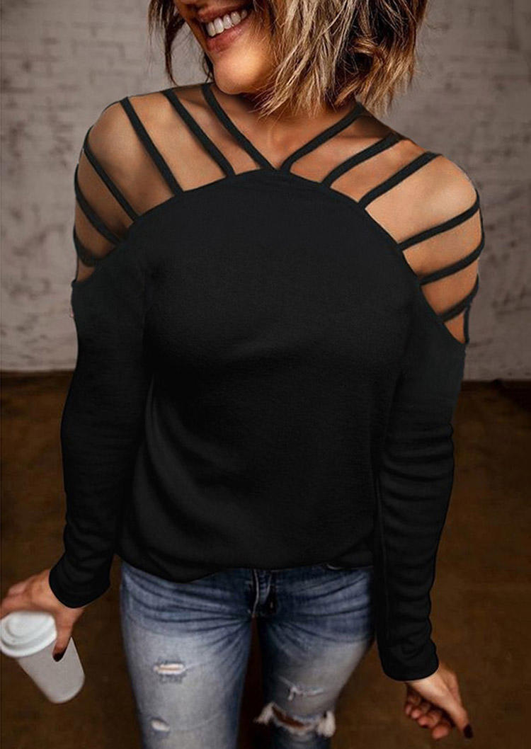 

Hollow Out Long Sleeve Casual Blouse - Black, SCM005924