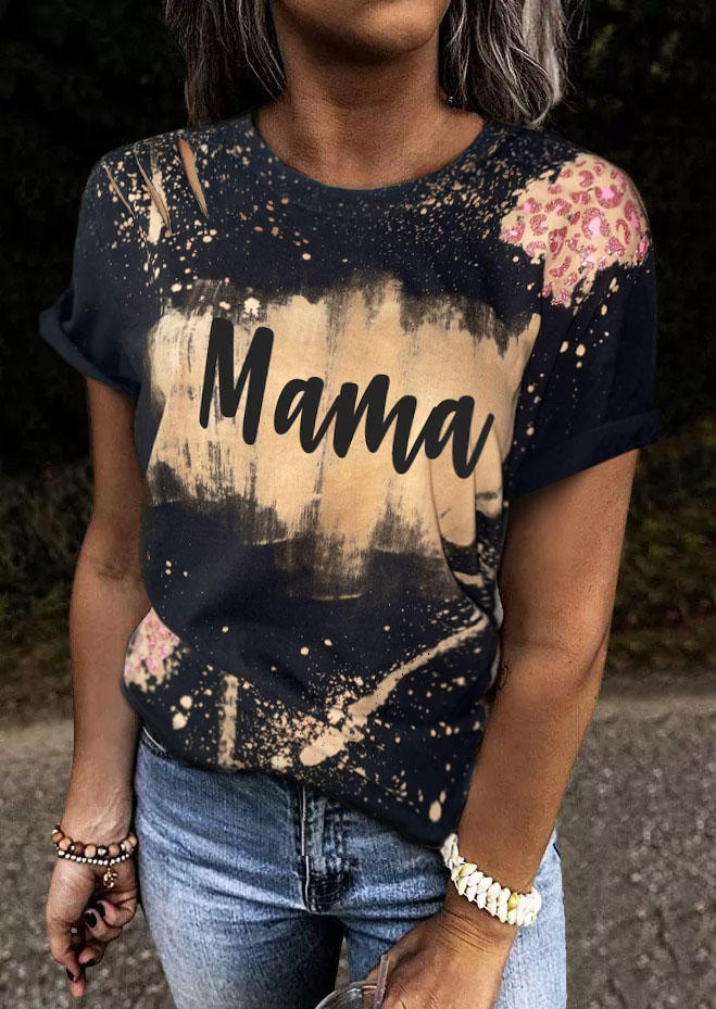 

Mama Leopard Hollow Out Bleached T-Shirt Tee, Multicolor, SCM005939