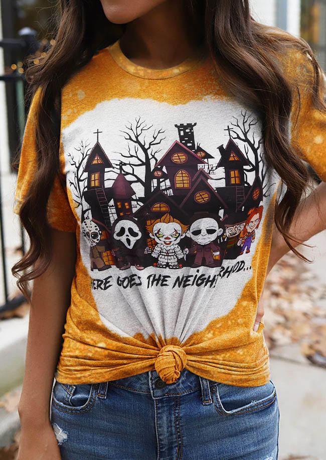 Halloween There Goes The Neighborhood Bleached T-Shirt Tee - Orange