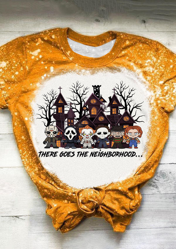 

Halloween There Goes The Neighborhood Bleached T-Shirt Tee - Orange, SCM005971
