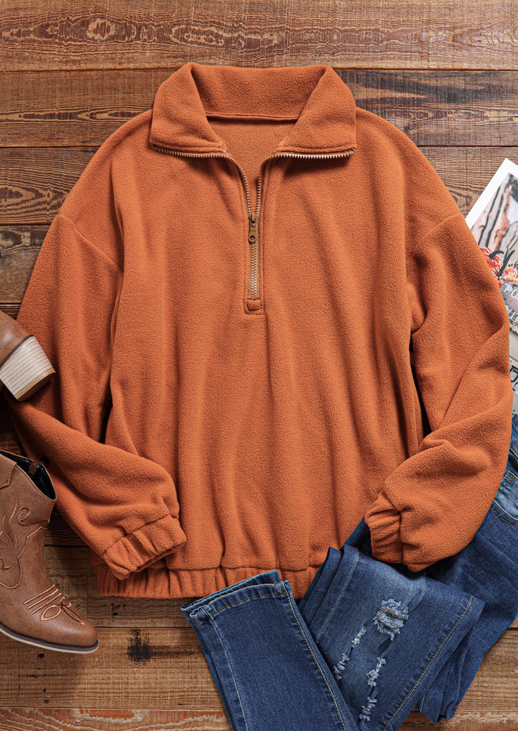 Zipper Collar Long Sleeve Fleece Sweatshirt - Orange