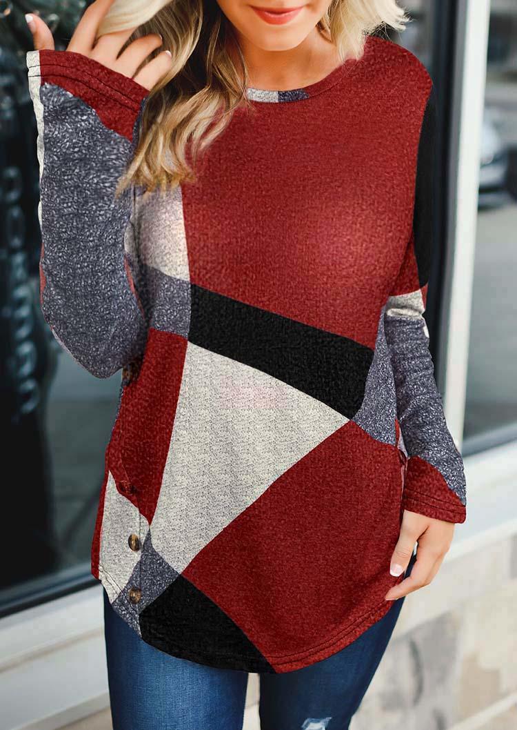 Color Block Geometric Button Long Sleeve Blouse - Red