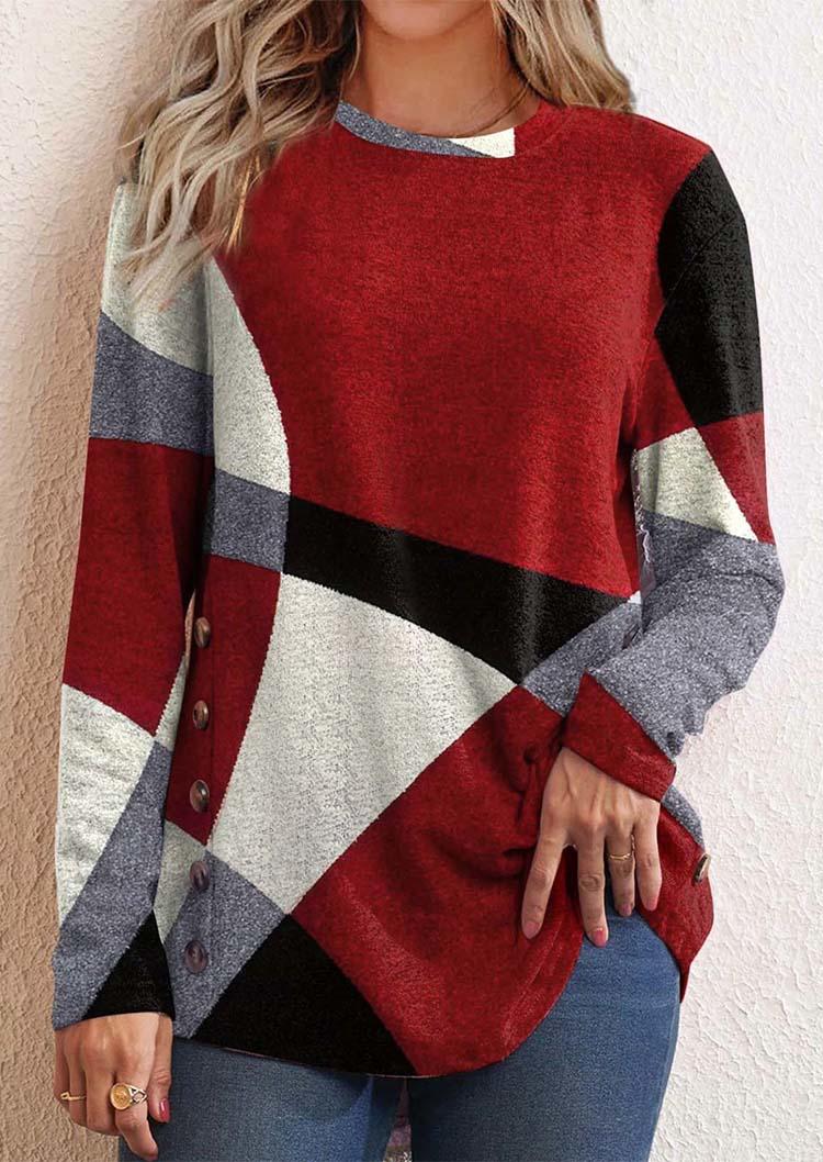 

Color Block Geometric Button Long Sleeve Blouse - Red, SCM006113