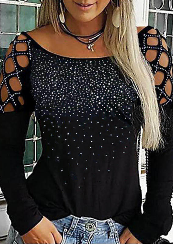 

Rhinestone Hollow Out Long Sleeve Blouse - Black, SCM006115