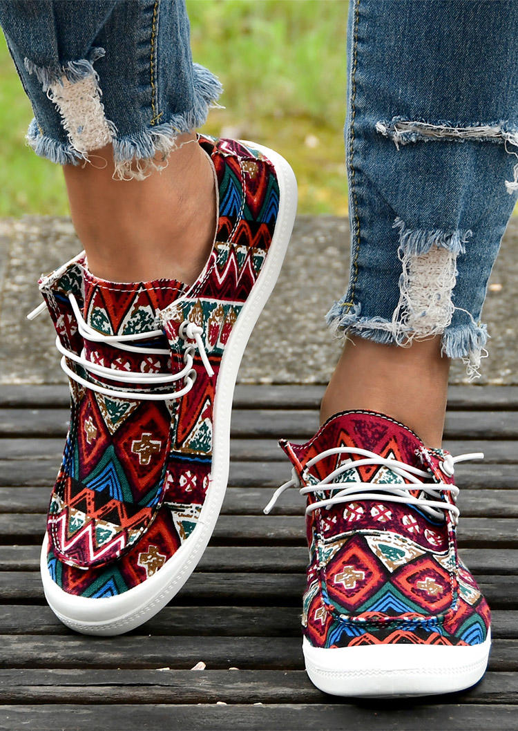

Aztec Geometric Round Toe Flat Sneakers - Red, SCM006134