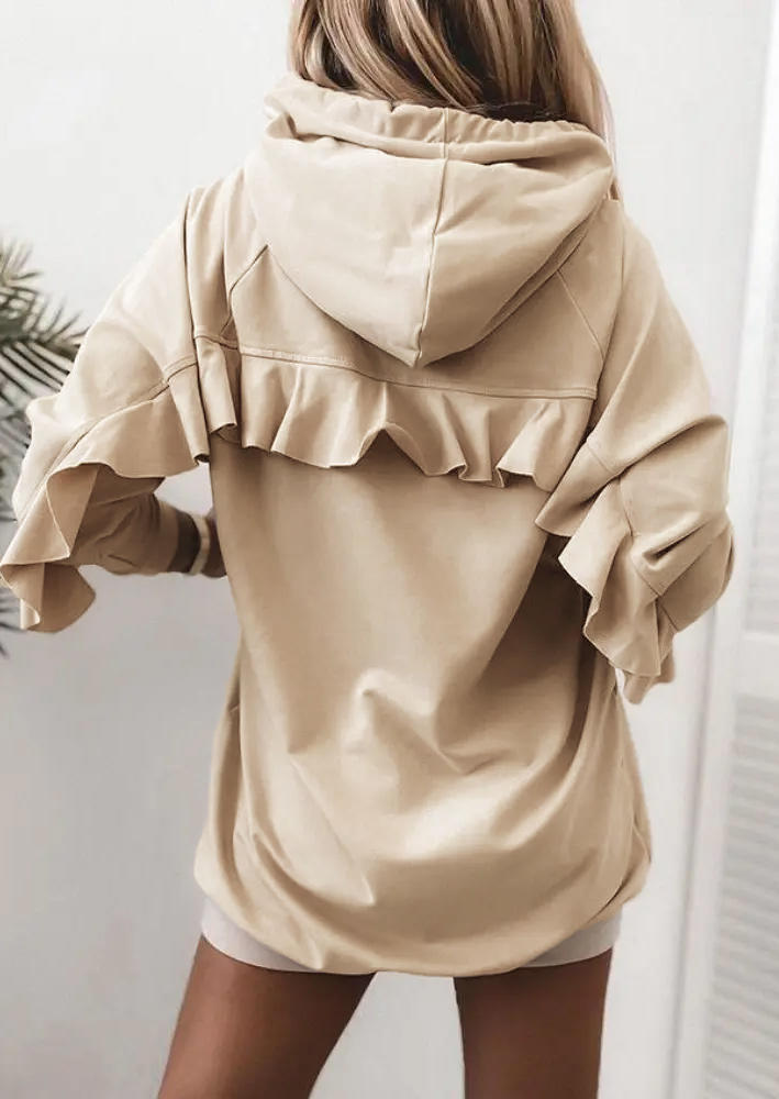 Ruffled Drawstring Hooded Mini Dress - Khaki