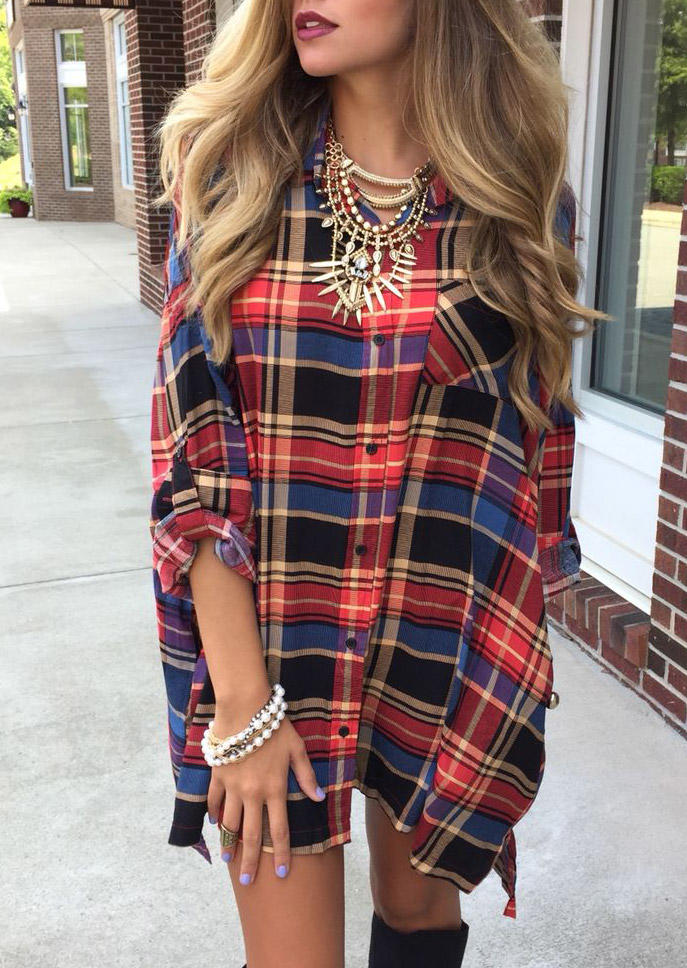 

Colorful Plaid Turn-Down Collar Mini Dress, Multicolor, SCM006210