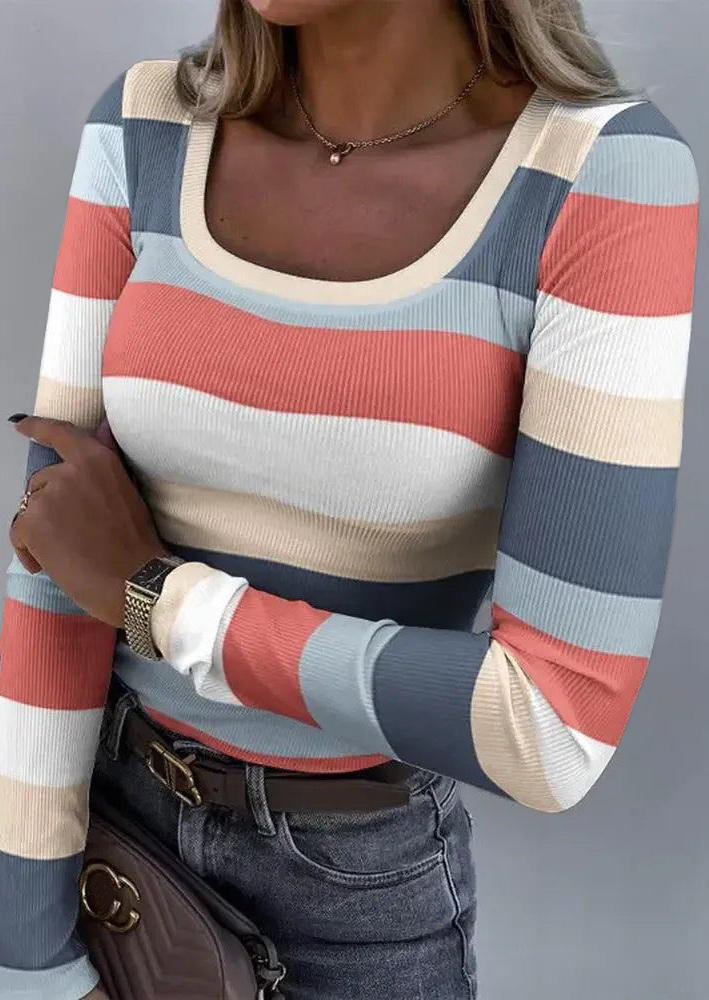 

Color Block Long Sleeve O-Neck Blouse, Multicolor, SCM006235