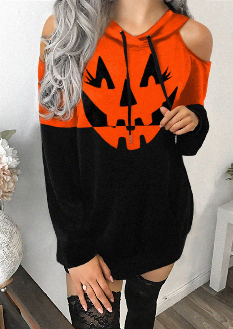 Halloween Pumpkin Face Hooded Mini Dress - Black