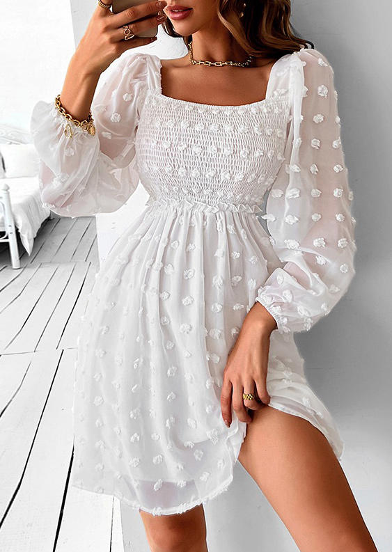 

Smocked Dotted Swiss Long Sleeve Mini Dress - White, SCM006357