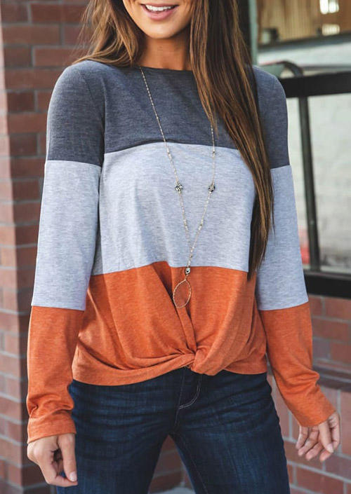 

Color Block Twist Long Sleeve O-Neck Blouse, Multicolor, SCM006391