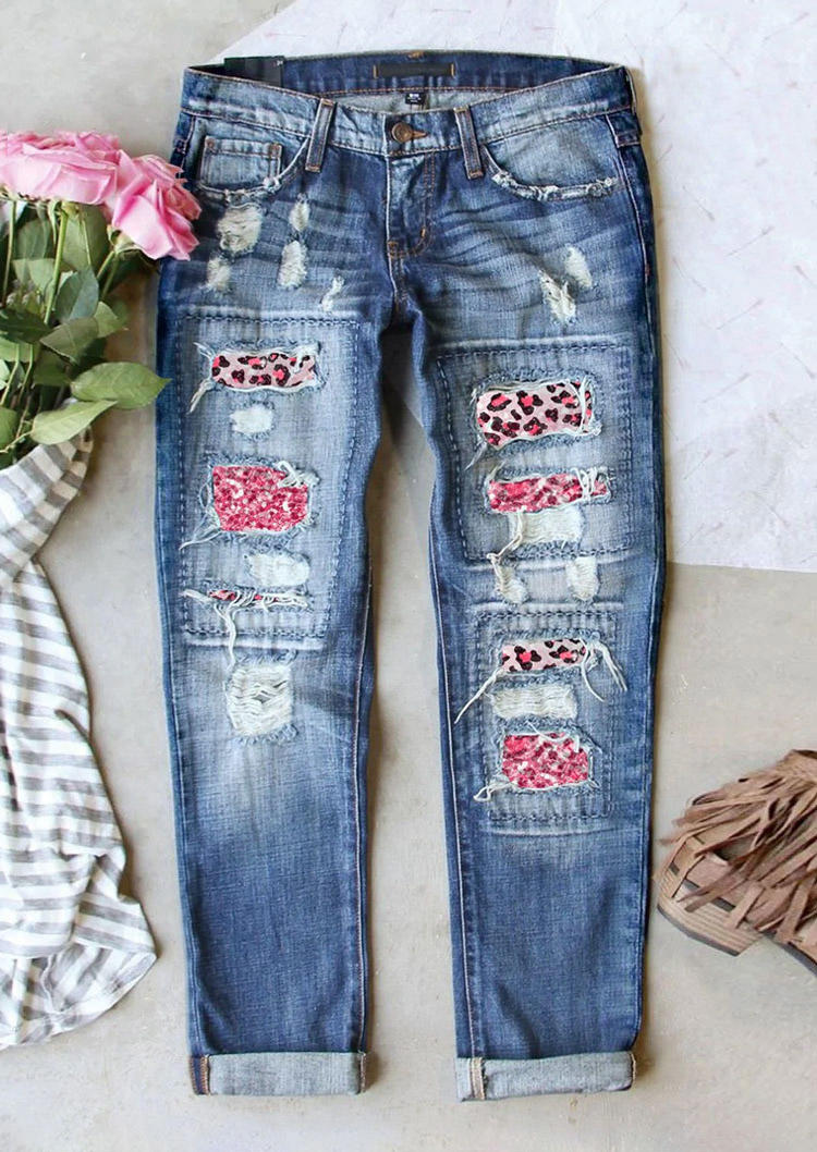 

Leopard Pocket Ripped Denim Pants - Blue, SCM006433