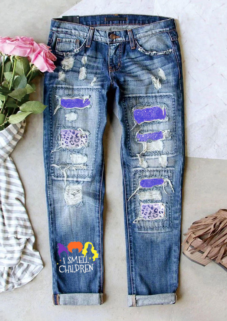 

Halloween I Smell Children Leopard Ripped Denim Pants - Blue, SCM006434