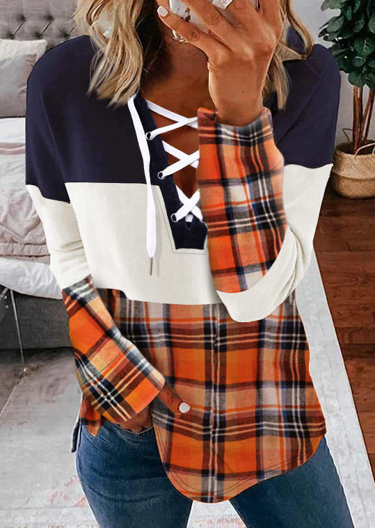 

Plaid Color Block Lace Up Long Sleeve Sweatshirt, Multicolor, SCM005414